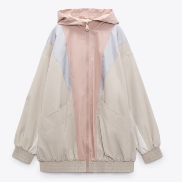 Zara retro pastel pink, off white and blue rubberized hooded jacket EUC - Picture 2 of 12